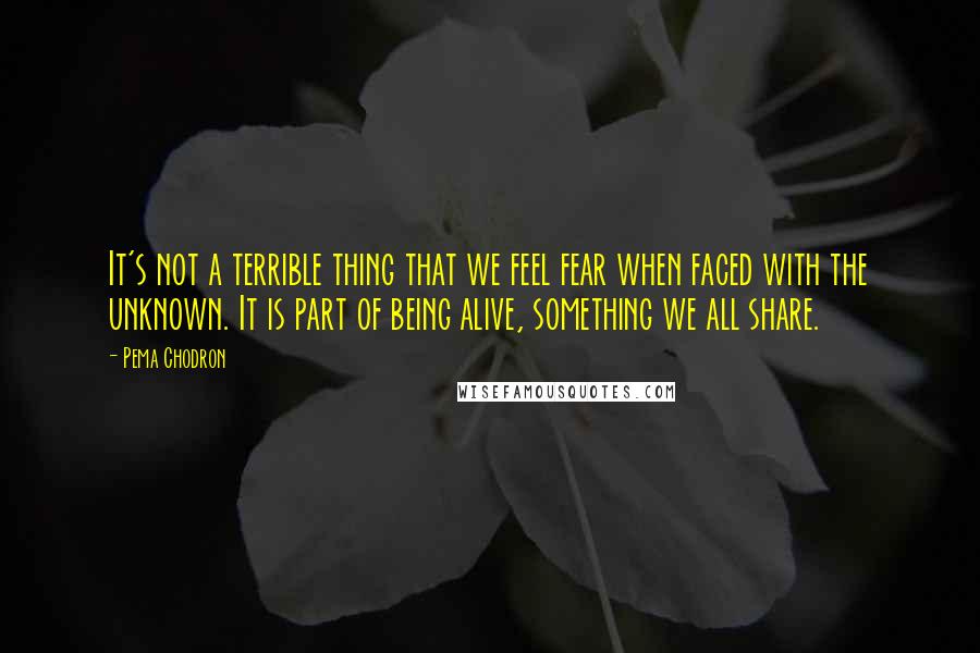 Pema Chodron quotes: It's not a terrible thing that we feel fear when faced with the unknown. It is part of being alive, something we all share.