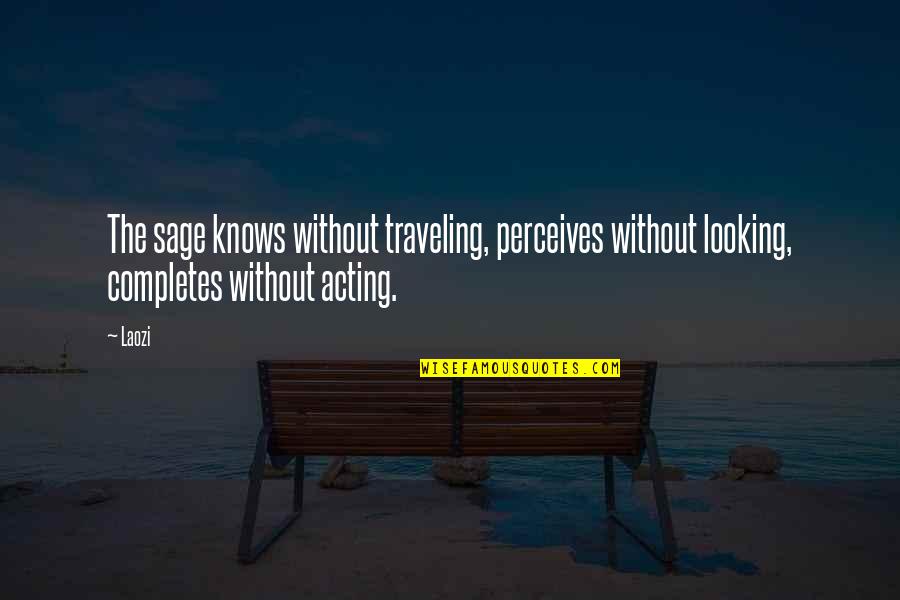 Perceives Quotes By Laozi: The sage knows without traveling, perceives without looking,