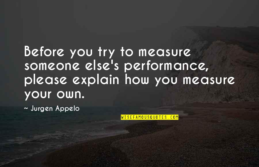 Performance Measure Quotes By Jurgen Appelo: Before you try to measure someone else's performance,