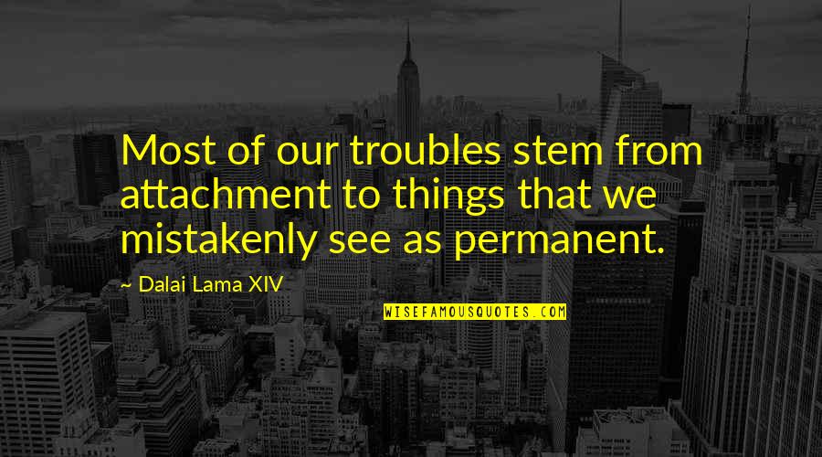 Permanent Things Quotes By Dalai Lama XIV: Most of our troubles stem from attachment to