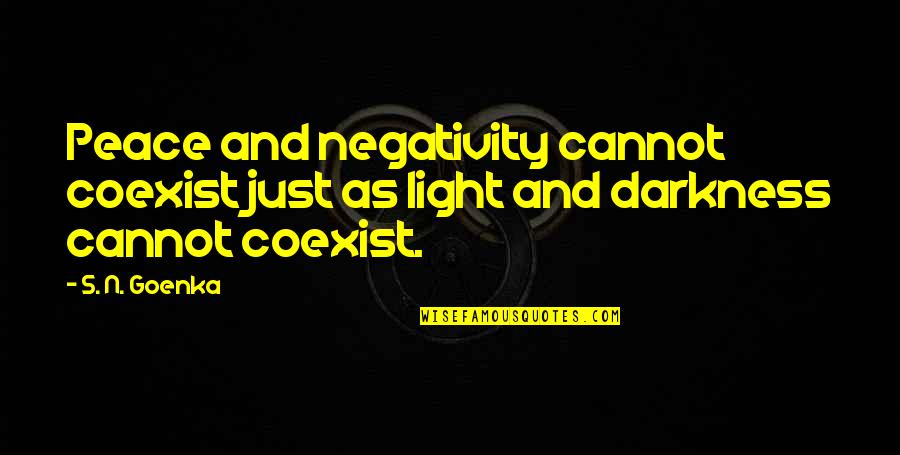 Perponcher Collection Quotes By S. N. Goenka: Peace and negativity cannot coexist just as light