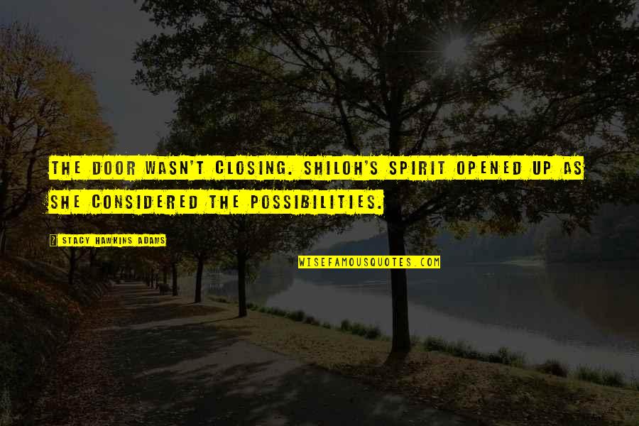 Personal Identity Quotes By Stacy Hawkins Adams: The door wasn't closing. Shiloh's spirit opened up