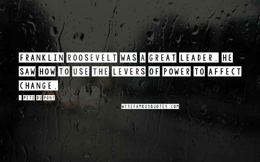 Pete Du Pont quotes: Franklin Roosevelt was a great leader. He saw how to use the levers of power to affect change.