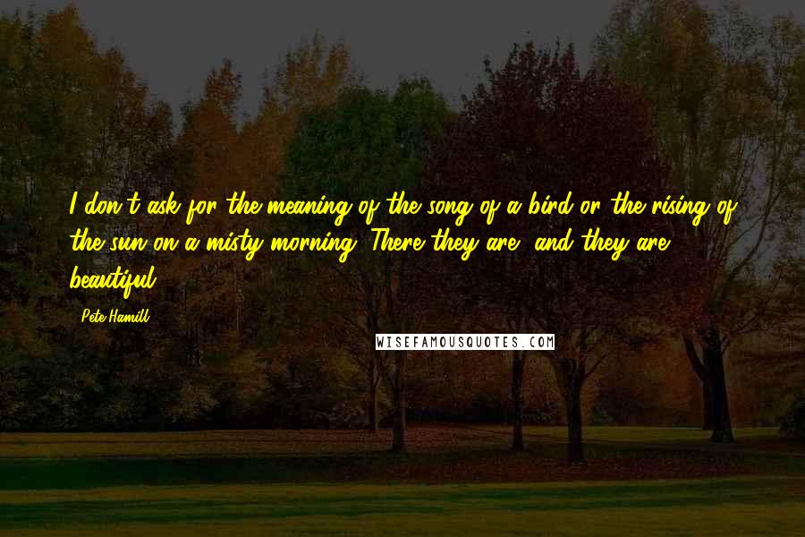 Pete Hamill quotes: I don't ask for the meaning of the song of a bird or the rising of the sun on a misty morning. There they are, and they are beautiful.