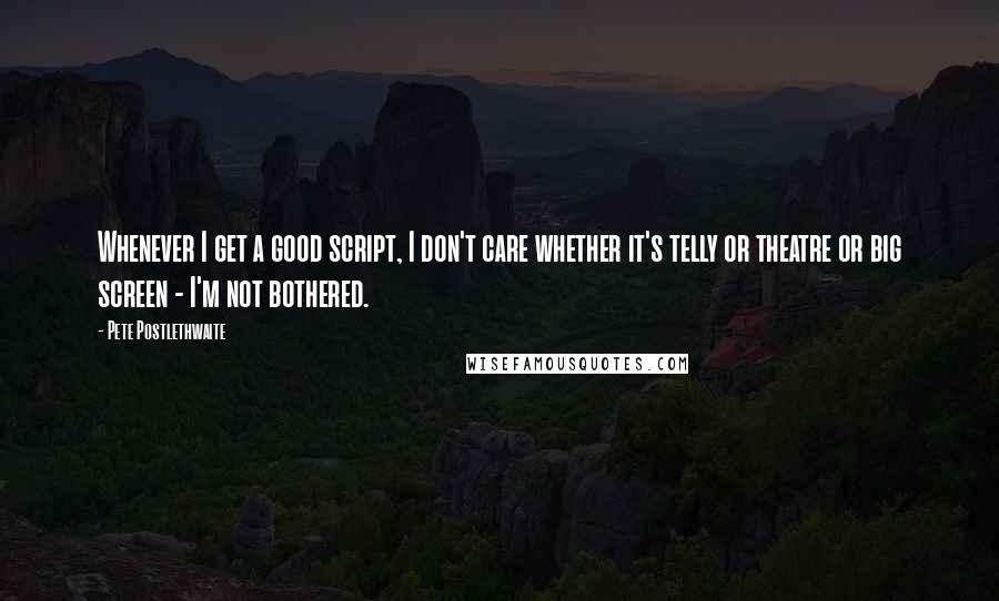 Pete Postlethwaite quotes: Whenever I get a good script, I don't care whether it's telly or theatre or big screen - I'm not bothered.