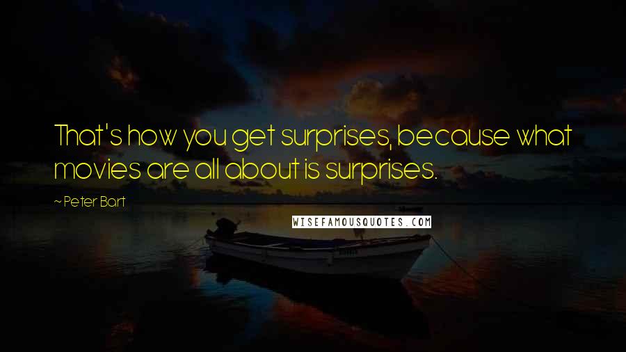 Peter Bart quotes: That's how you get surprises, because what movies are all about is surprises.