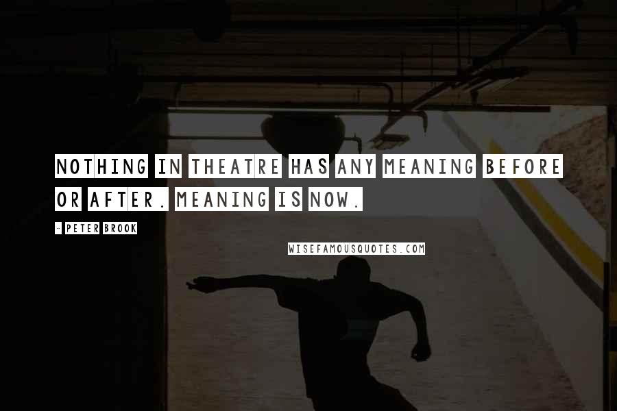 Peter Brook quotes: Nothing in theatre has any meaning before or after. Meaning is now.