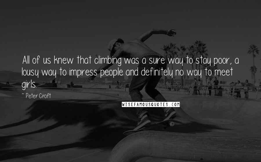 Peter Croft quotes: All of us knew that climbing was a sure way to stay poor, a lousy way to impress people and definitely no way to meet girls. Peter Croft quotes: All of us knew that climbing was a sure way to stay poor, a lousy way to impress people and definitely no way to meet girls.