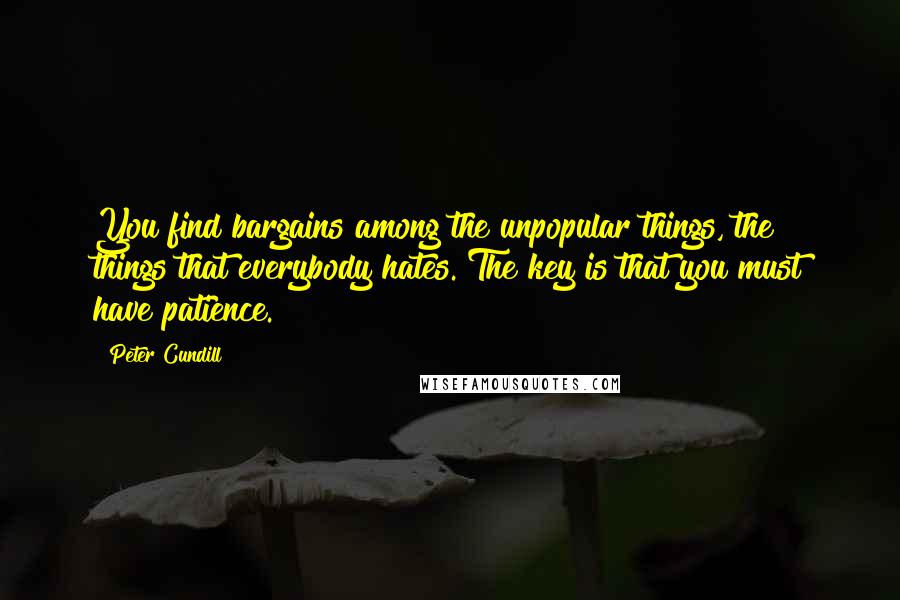 Peter Cundill quotes: You find bargains among the unpopular things, the things that everybody hates. The key is that you must have patience. Peter Cundill quotes: You find bargains among the unpopular things, the things that everybody hates. The key is that you must have patience.