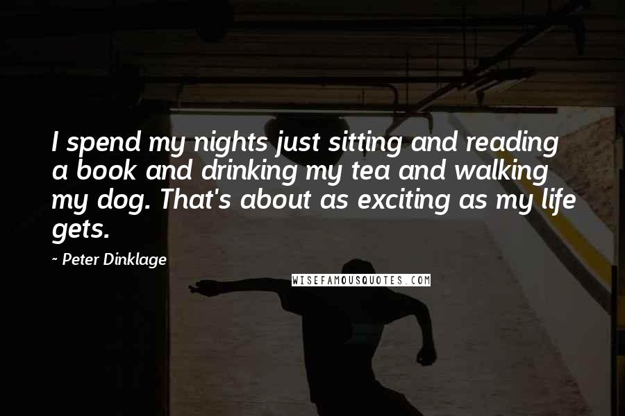 Peter Dinklage quotes: I spend my nights just sitting and reading a book and drinking my tea and walking my dog. That's about as exciting as my life gets.