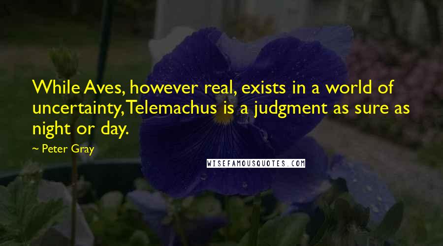 Peter Gray quotes: While Aves, however real, exists in a world of uncertainty, Telemachus is a judgment as sure as night or day.