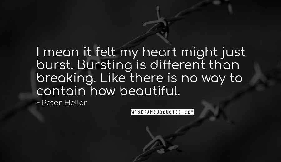 Peter Heller quotes: I mean it felt my heart might just burst. Bursting is different than breaking. Like there is no way to contain how beautiful.