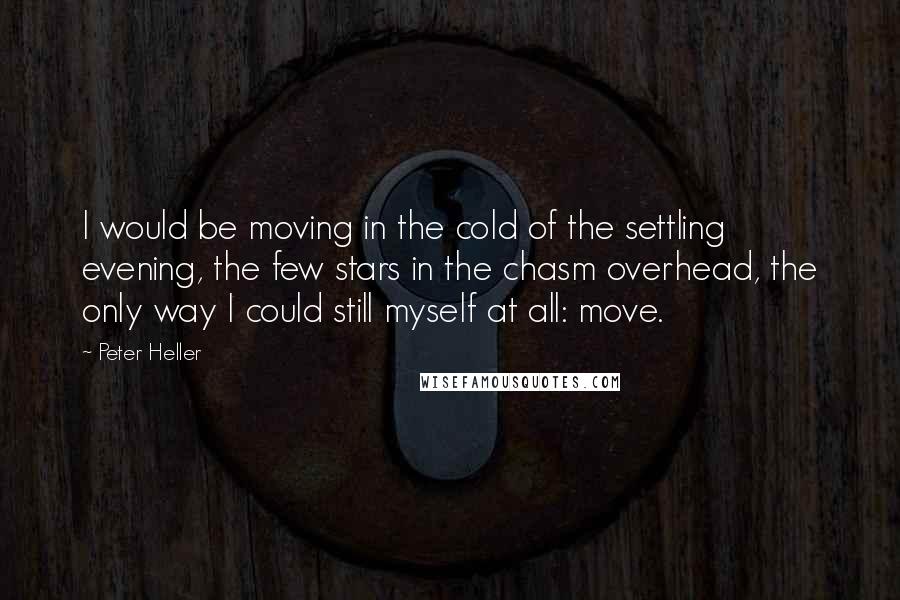 Peter Heller quotes: I would be moving in the cold of the settling evening, the few stars in the chasm overhead, the only way I could still myself at all: move.