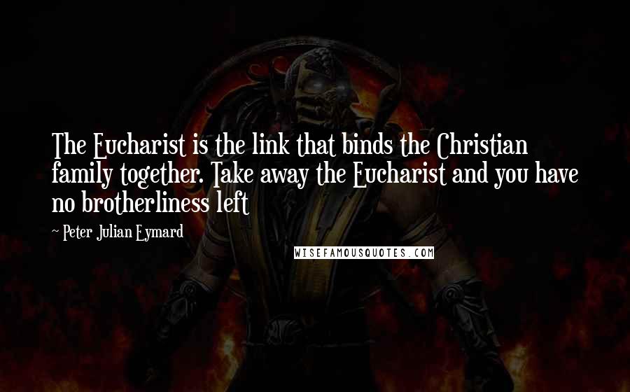 Peter Julian Eymard quotes: The Eucharist is the link that binds the Christian family together. Take away the Eucharist and you have no brotherliness left Peter Julian Eymard quotes: The Eucharist is the link that binds the Christian family together. Take away the Eucharist and you have no brotherliness left