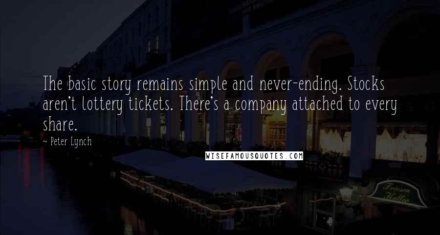 Peter Lynch quotes: The basic story remains simple and never-ending. Stocks aren't lottery tickets. There's a company attached to every share.