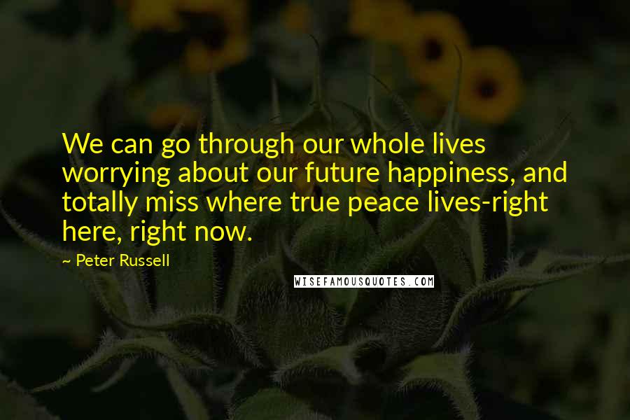 Peter Russell quotes: We can go through our whole lives worrying about our future happiness, and totally miss where true peace lives-right here, right now.