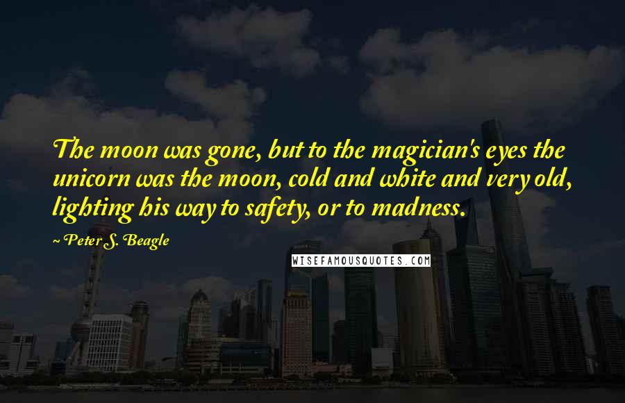 Peter S. Beagle quotes: The moon was gone, but to the magician's eyes the unicorn was the moon, cold and white and very old, lighting his way to safety, or to madness.