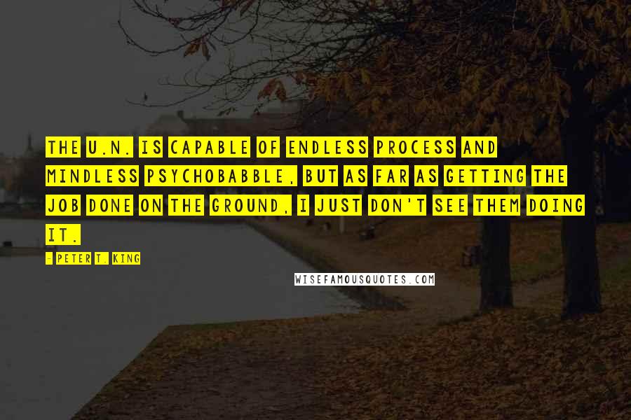 Peter T. King quotes: The U.N. is capable of endless process and mindless psychobabble, but as far as getting the job done on the ground, I just don't see them doing it.