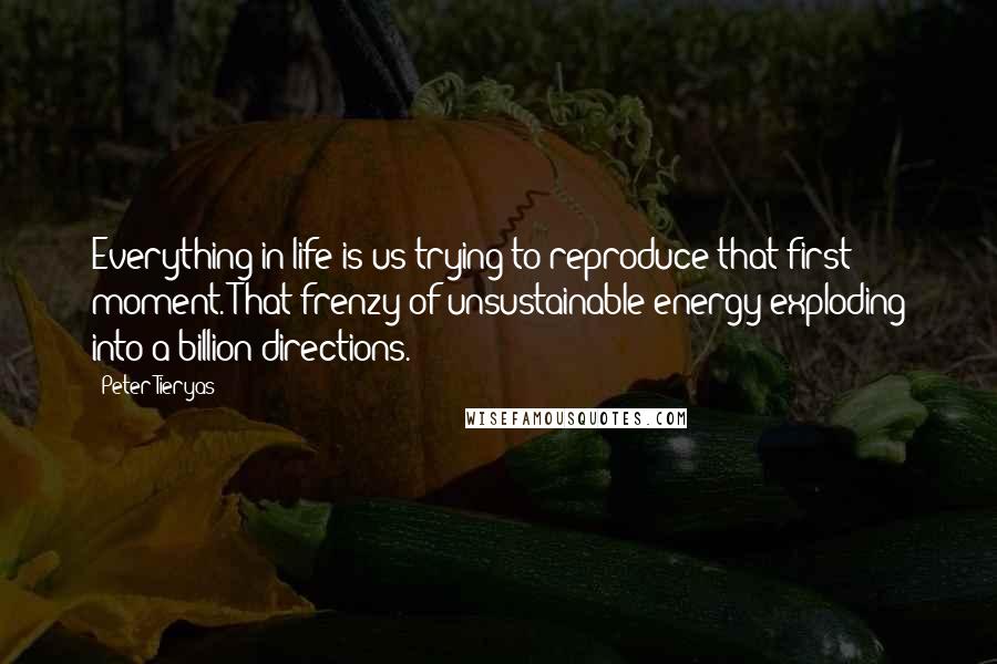Peter Tieryas quotes: Everything in life is us trying to reproduce that first moment. That frenzy of unsustainable energy exploding into a billion directions. Peter Tieryas quotes: Everything in life is us trying to reproduce that first moment. That frenzy of unsustainable energy exploding into a billion directions.
