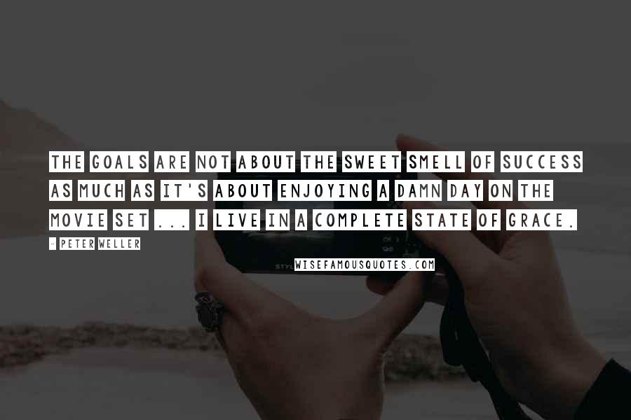 Peter Weller quotes: The goals are not about the sweet smell of success as much as it's about enjoying a damn day on the movie set ... I live in a complete state
