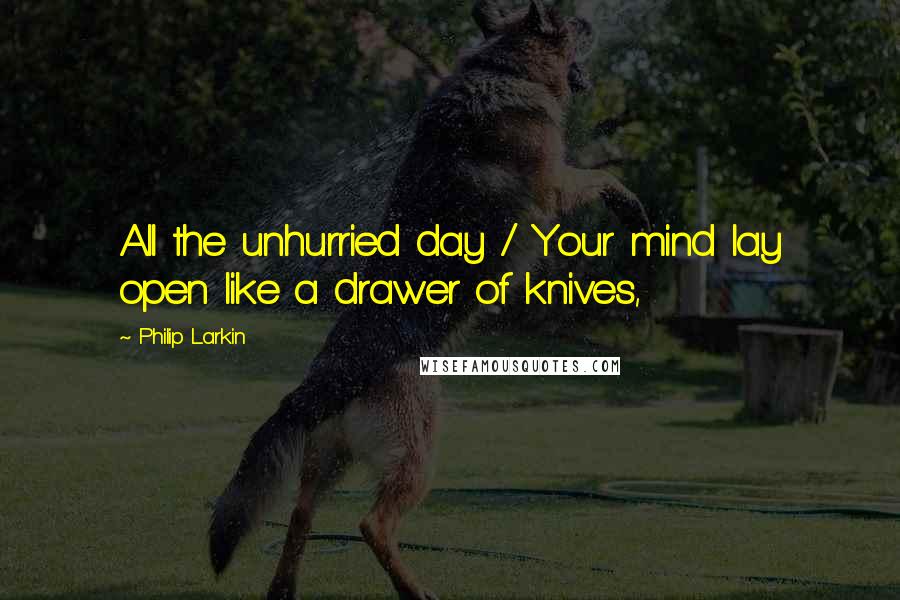 Philip Larkin quotes: All the unhurried day / Your mind lay open like a drawer of knives,