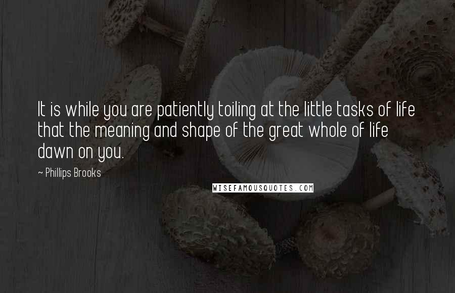 Phillips Brooks quotes: It is while you are patiently toiling at the little tasks of life that the meaning and shape of the great whole of life dawn on you.