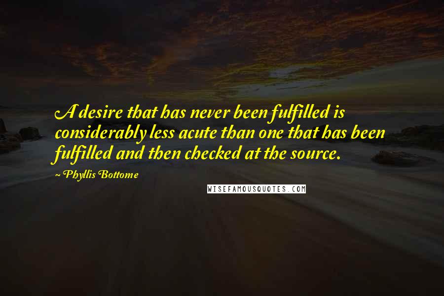 Phyllis Bottome quotes: A desire that has never been fulfilled is considerably less acute than one that has been fulfilled and then checked at the source. Phyllis Bottome quotes: A desire that has never been fulfilled is considerably less acute than one that has been fulfilled and then checked at the source.