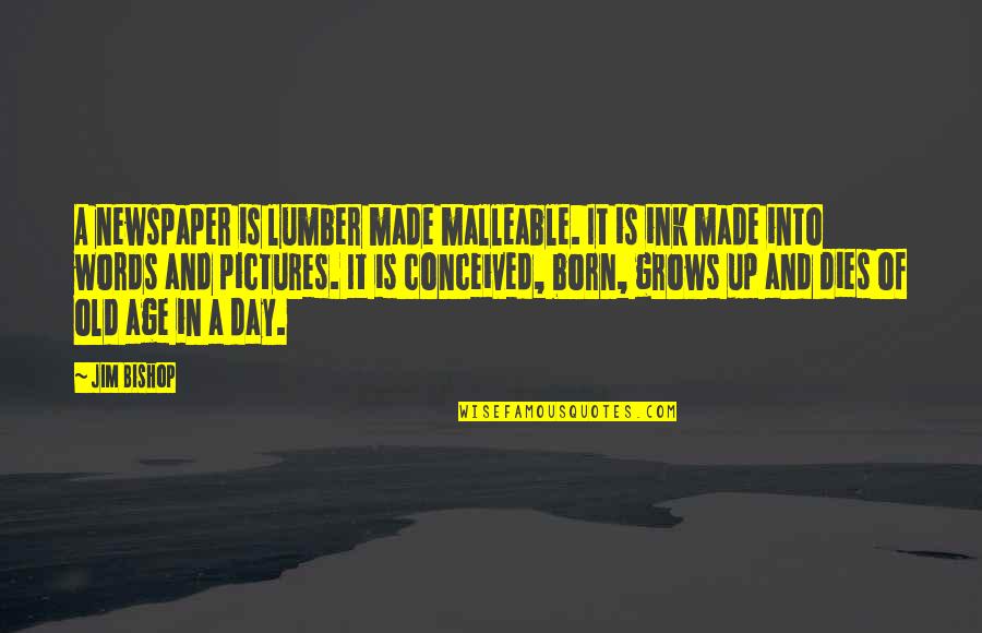 Pictures And Words Quotes By Jim Bishop: A newspaper is lumber made malleable. It is