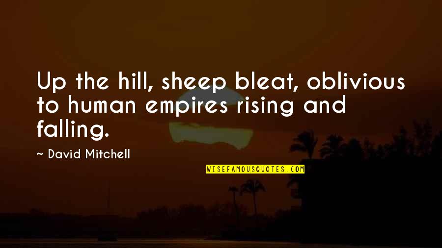 Pictures Fade Quotes By David Mitchell: Up the hill, sheep bleat, oblivious to human
