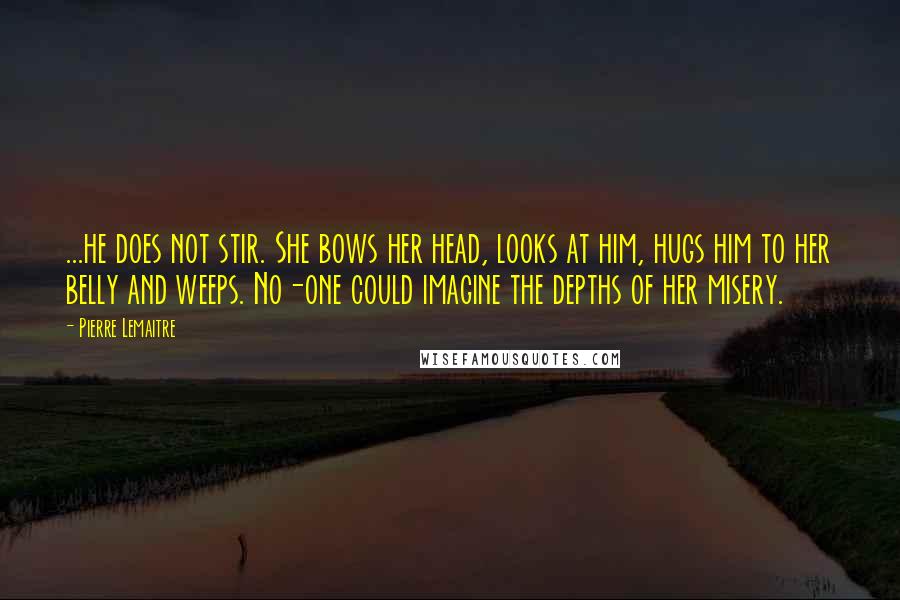 Pierre Lemaitre quotes: ...he does not stir. She bows her head, looks at him, hugs him to her belly and weeps. No-one could imagine the depths of her misery.