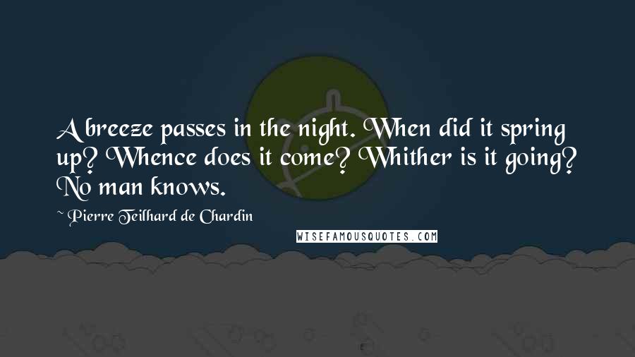 Pierre Teilhard De Chardin quotes: A breeze passes in the night. When did it spring up? Whence does it come? Whither is it going? No man knows.