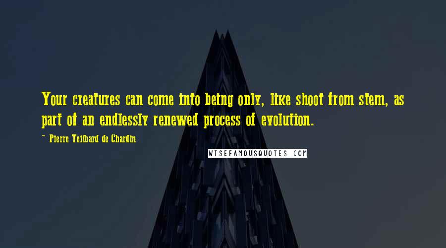 Pierre Teilhard De Chardin quotes: Your creatures can come into being only, like shoot from stem, as part of an endlessly renewed process of evolution.