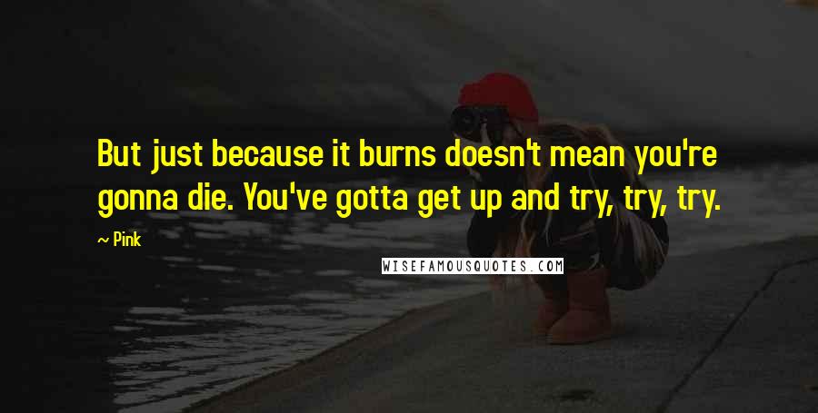 Pink quotes: But just because it burns doesn't mean you're gonna die. You've gotta get up and try, try, try.