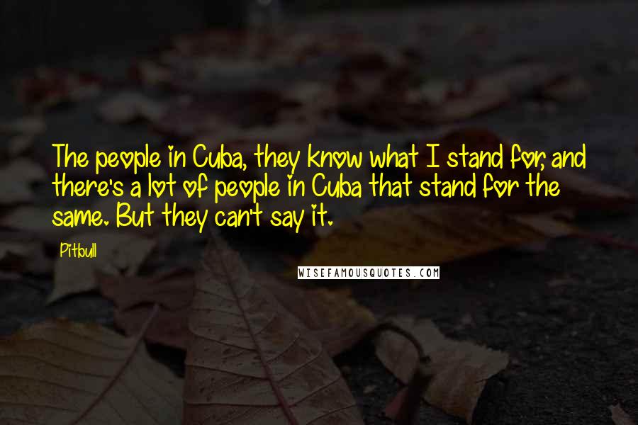 Pitbull quotes: The people in Cuba, they know what I stand for, and there's a lot of people in Cuba that stand for the same. But they can't say it. Pitbull quotes: The people in Cuba, they know what I stand for, and there's a lot of people in Cuba that stand for the same. But they can't say it.
