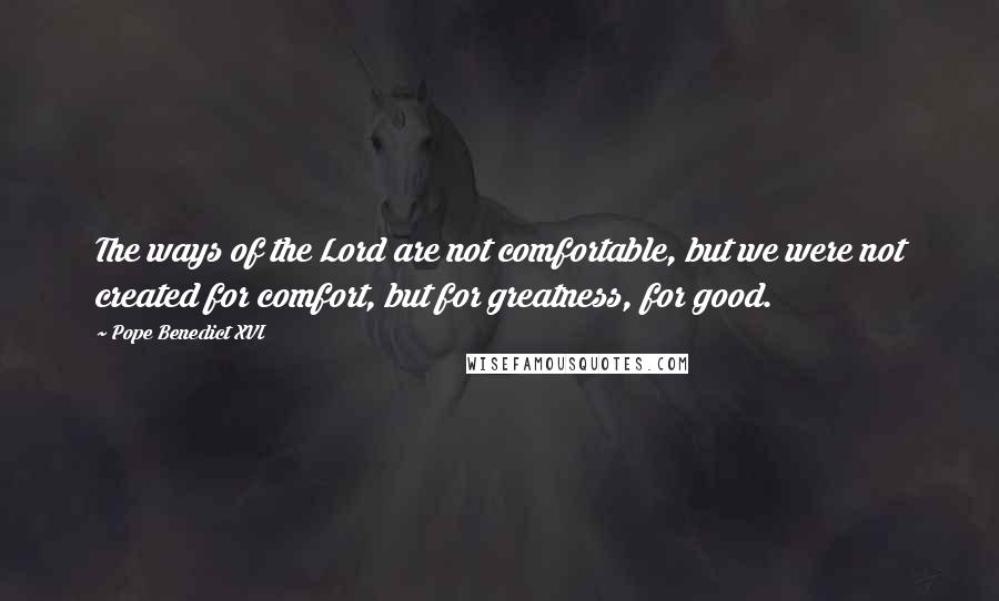 Pope Benedict XVI quotes: The ways of the Lord are not comfortable, but we were not created for comfort, but for greatness, for good.