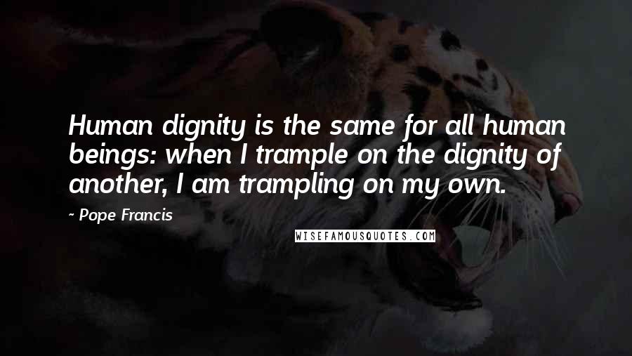 Pope Francis quotes: Human dignity is the same for all human beings: when I trample on the dignity of another, I am trampling on my own. Pope Francis quotes: Human dignity is the same for all human beings: when I trample on the dignity of another, I am trampling on my own.