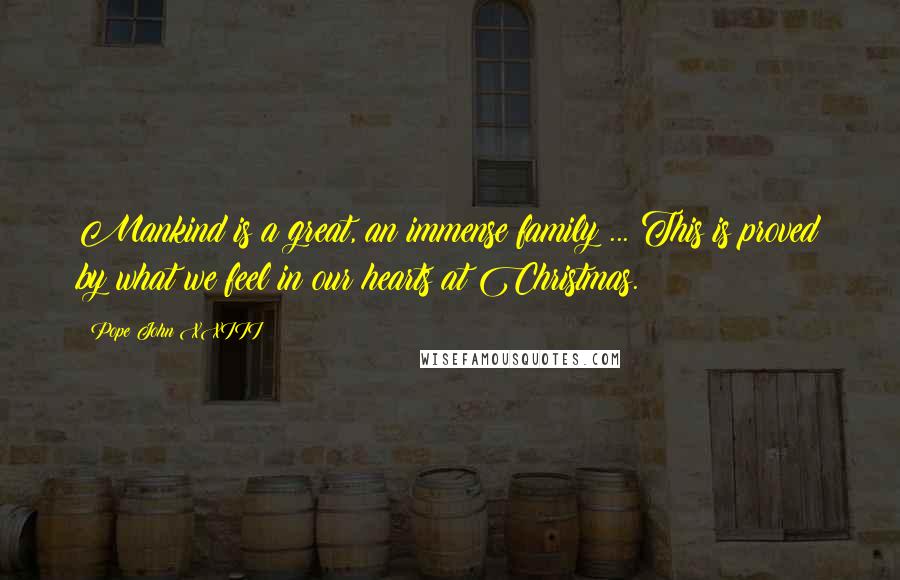 Pope John XXIII quotes: Mankind is a great, an immense family ... This is proved by what we feel in our hearts at Christmas. Pope John XXIII quotes: Mankind is a great, an immense family ... This is proved by what we feel in our hearts at Christmas.
