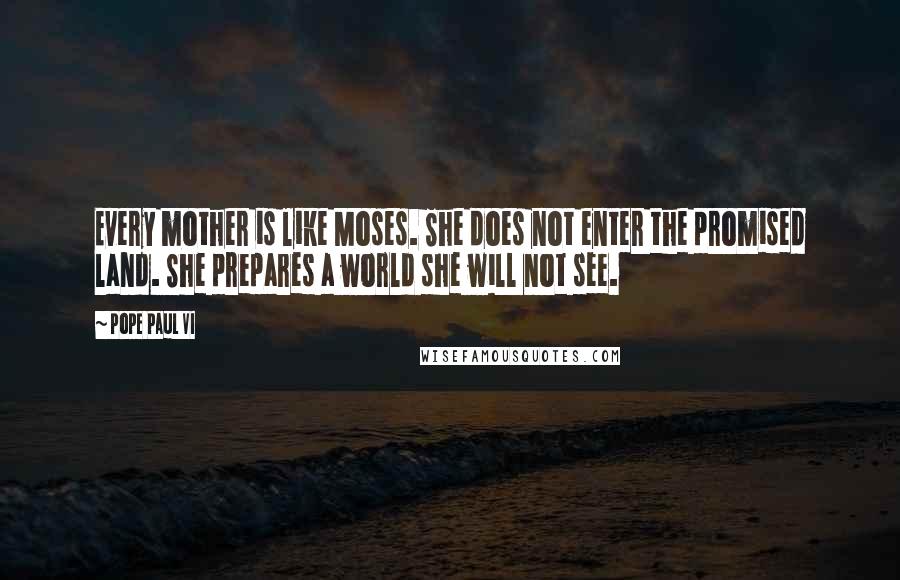 Pope Paul VI quotes: Every mother is like Moses. She does not enter the promised land. She prepares a world she will not see. Pope Paul VI quotes: Every mother is like Moses. She does not enter the promised land. She prepares a world she will not see.