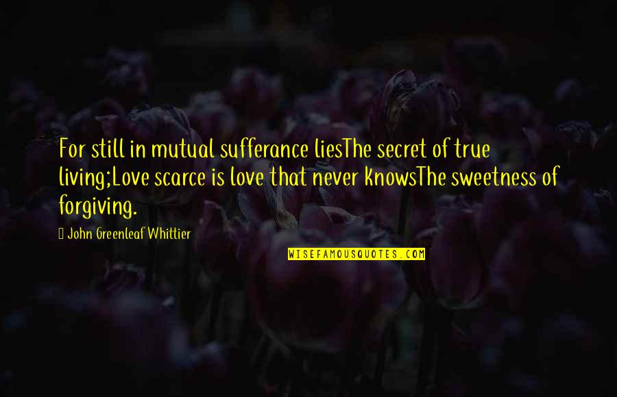 Portia And Nerissa Friendship Quotes By John Greenleaf Whittier: For still in mutual sufferance liesThe secret of Portia And Nerissa Friendship Quotes By John Greenleaf Whittier: For still in mutual sufferance liesThe secret of