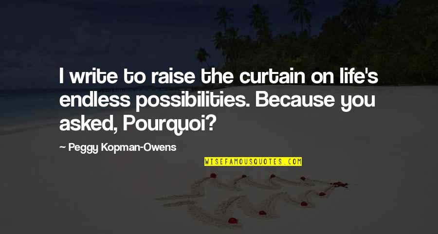 Pourquoi Quotes By Peggy Kopman-Owens: I write to raise the curtain on life's