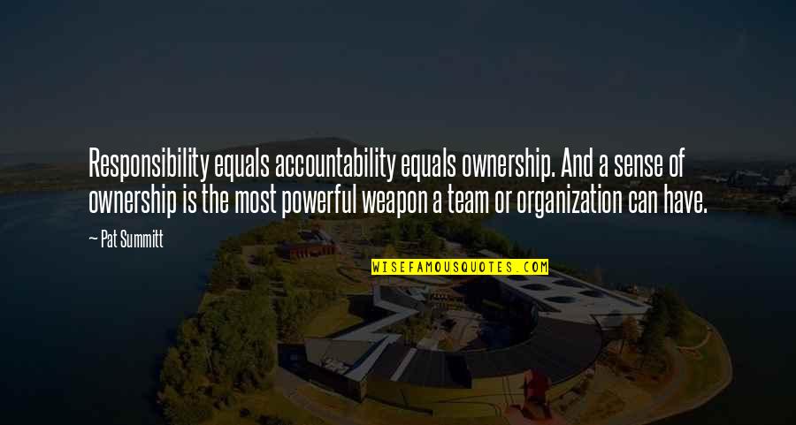 Powerful Sense Quotes By Pat Summitt: Responsibility equals accountability equals ownership. And a sense Powerful Sense Quotes By Pat Summitt: Responsibility equals accountability equals ownership. And a sense