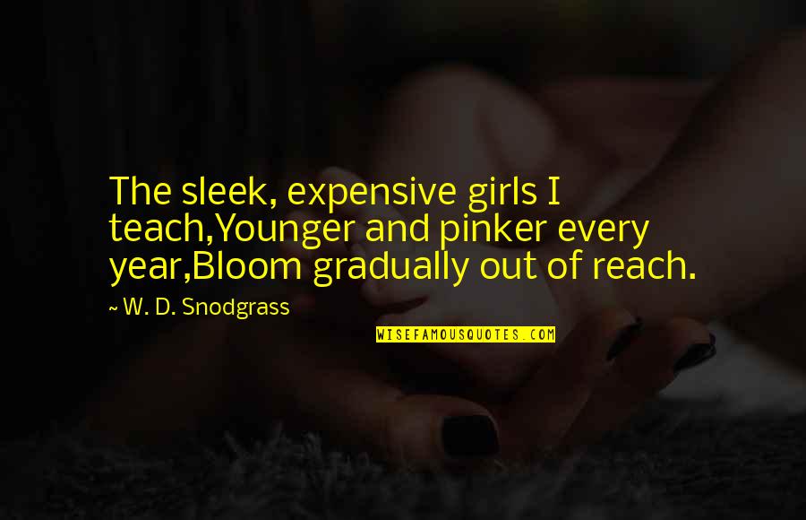 Poznanska Quotes By W. D. Snodgrass: The sleek, expensive girls I teach,Younger and pinker Poznanska Quotes By W. D. Snodgrass: The sleek, expensive girls I teach,Younger and pinker