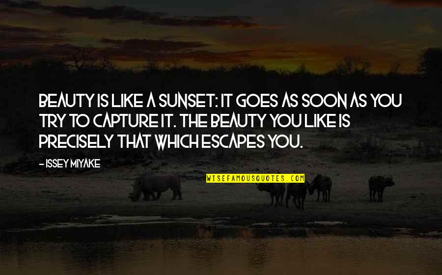 Precisely Quotes By Issey Miyake: Beauty is like a sunset: it goes as