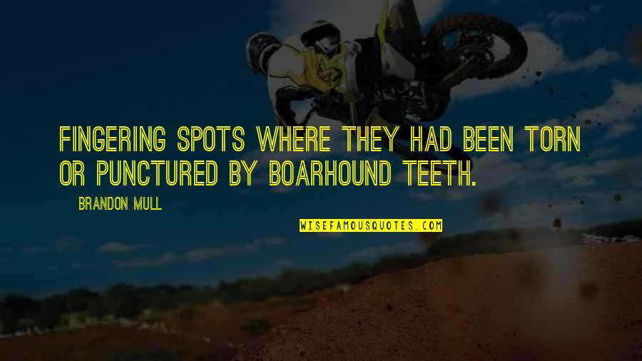 Preoin Quotes By Brandon Mull: Fingering spots where they had been torn or