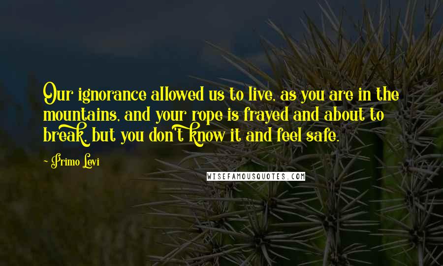 Primo Levi quotes: Our ignorance allowed us to live, as you are in the mountains, and your rope is frayed and about to break, but you don't know it and feel safe.