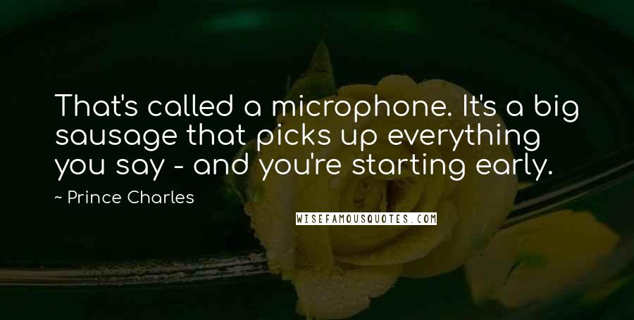 Prince Charles quotes: That's called a microphone. It's a big sausage that picks up everything you say - and you're starting early. Prince Charles quotes: That's called a microphone. It's a big sausage that picks up everything you say - and you're starting early.