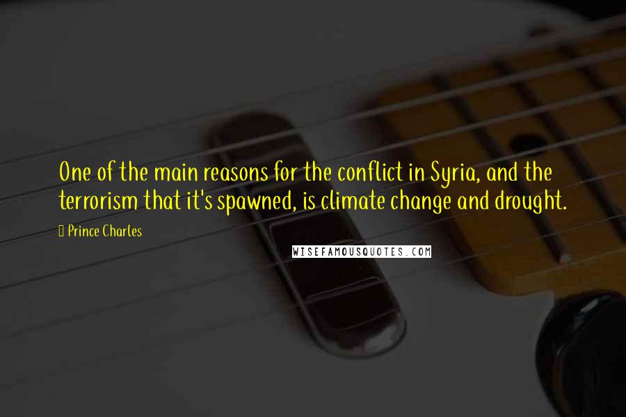 Prince Charles quotes: One of the main reasons for the conflict in Syria, and the terrorism that it's spawned, is climate change and drought. Prince Charles quotes: One of the main reasons for the conflict in Syria, and the terrorism that it's spawned, is climate change and drought.