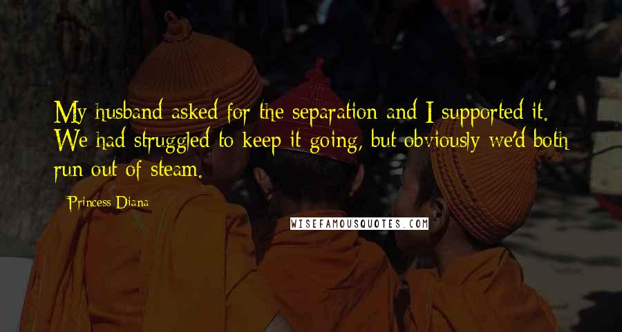 Princess Diana quotes: My husband asked for the separation and I supported it. We had struggled to keep it going, but obviously we'd both run out of steam.