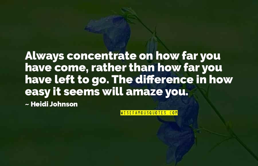Procesiones Domingo Quotes By Heidi Johnson: Always concentrate on how far you have come, Procesiones Domingo Quotes By Heidi Johnson: Always concentrate on how far you have come,