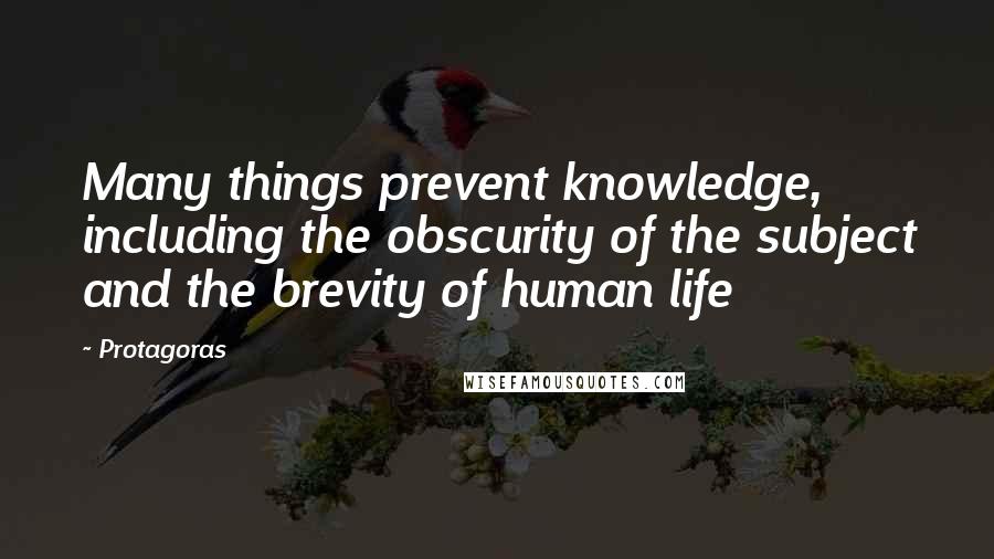 Protagoras quotes: Many things prevent knowledge, including the obscurity of the subject and the brevity of human life